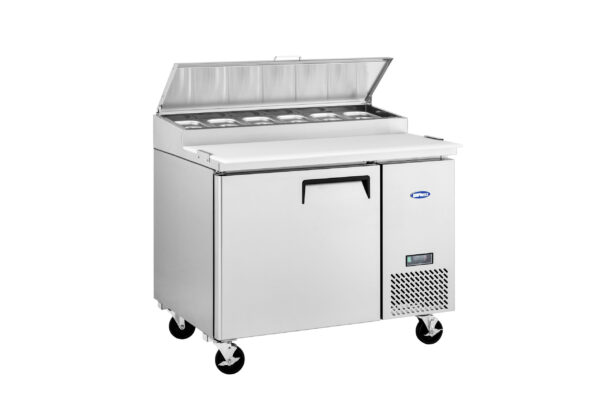 commercial pizza prep fridge with stainless steel GN pans