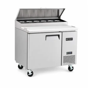 1 door pizza prep fridge with fan forced cooling, deep prep board, 6 Gastronorm containers with lids and removable stainless steel cover.