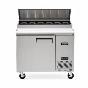 1 door pizza prep fridge with fan forced cooling, deep prep board, 6 Gastronorm containers with lids and removable stainless steel cover.