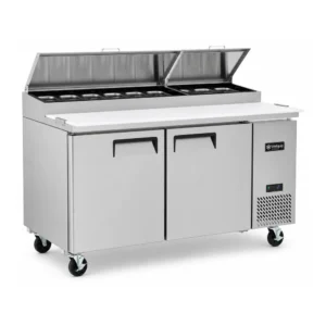 2 door pizza prep fridge with fan forced cooling, deep prep board, 9 Gastronorm containers with lids and detachable cover.