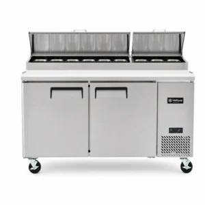 2 door pizza prep fridge with fan forced cooling, deep prep board, 9 Gastronorm containers with lids and detachable cover.