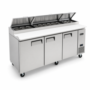 3 door pizza prep fridge with fan forced cooling, deep prep board, 12 Gastronorm containers with lids and detachable cover.