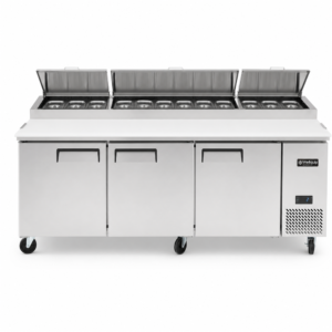 3 door pizza prep fridge with fan forced cooling, deep prep board, 12 Gastronorm containers with lids and detachable cover.