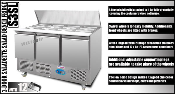 commercial saladette prep fridge with stainless steel GN pans