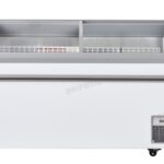 Energy-efficient glass display chest fridge with 550L capacity, LED lighting, auto defrost and curved sliding doors