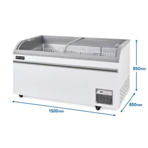Energy-efficient glass display chest freezer with 550L capacity, LED lighting, auto defrost and curved sliding doors
