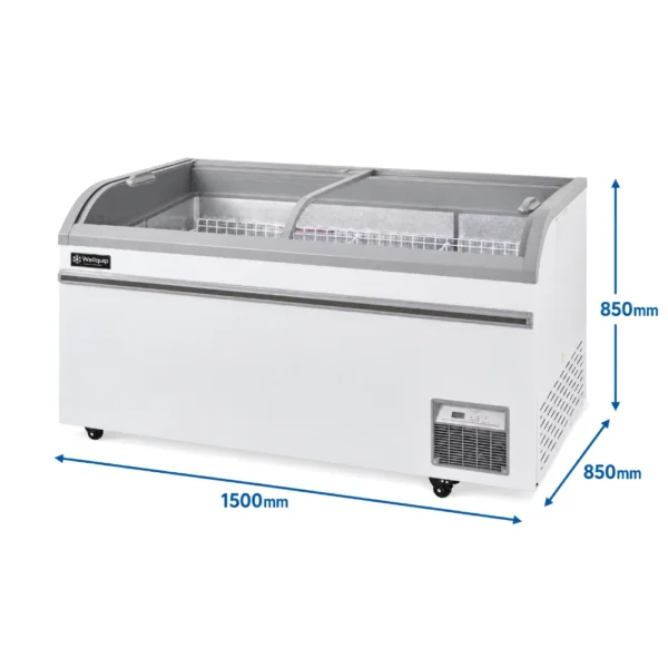 Energy-efficient glass display chest freezer with 550L capacity, LED lighting, auto defrost and curved sliding doors