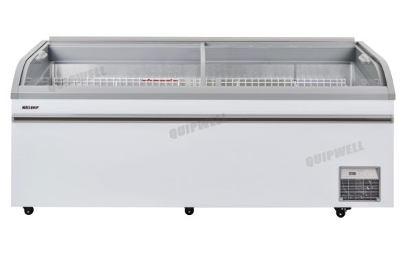Energy-efficient glass display chest freezer with 800L capacity, LED lighting, auto defrost and curved sliding doors