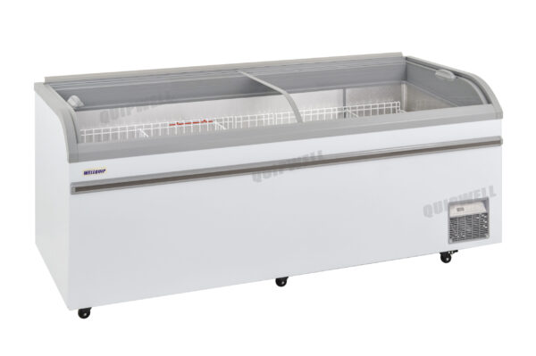 SN800-3A Energy-efficient glass display chest fridge with 800L capacity, LED lighting, auto defrost and curved sliding doors