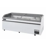 Energy-efficient glass display chest freezer with 800L capacity, LED lighting, auto defrost and curved sliding doors