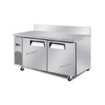 2-door commercial bench fridge with stainless steel doors, splashback and low running costs