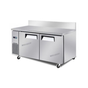 2-door commercial bench fridge with stainless steel doors, splashback and low running costs