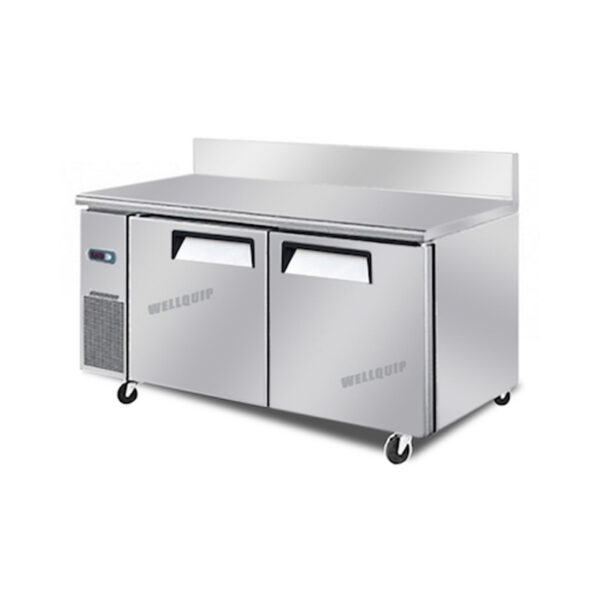 2-door commercial bench fridge with stainless steel doors, splashback and low running costs
