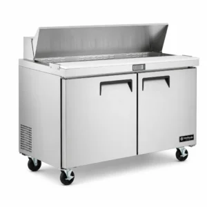 commercial salad prep fridge with stainless steel GN pans