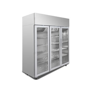 3-door commercial upright display fridge with Low-E glass and LED lighting