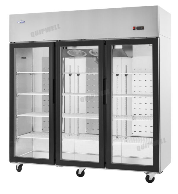 3-door commercial upright display fridge with Low-E glass and LED lighting