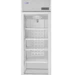1-door commercial upright display freezer with triple-glazed glass doors and LED lighting