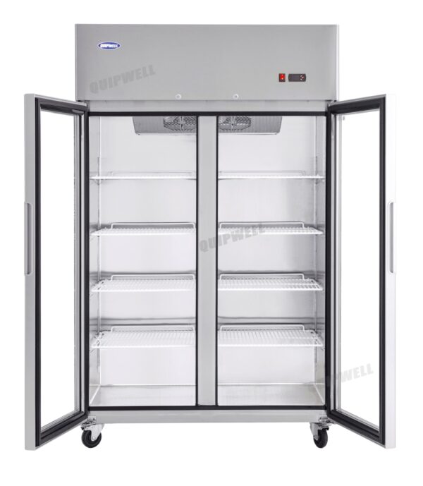 2-door commercial upright display fridge with Low-E glass and LED lighting