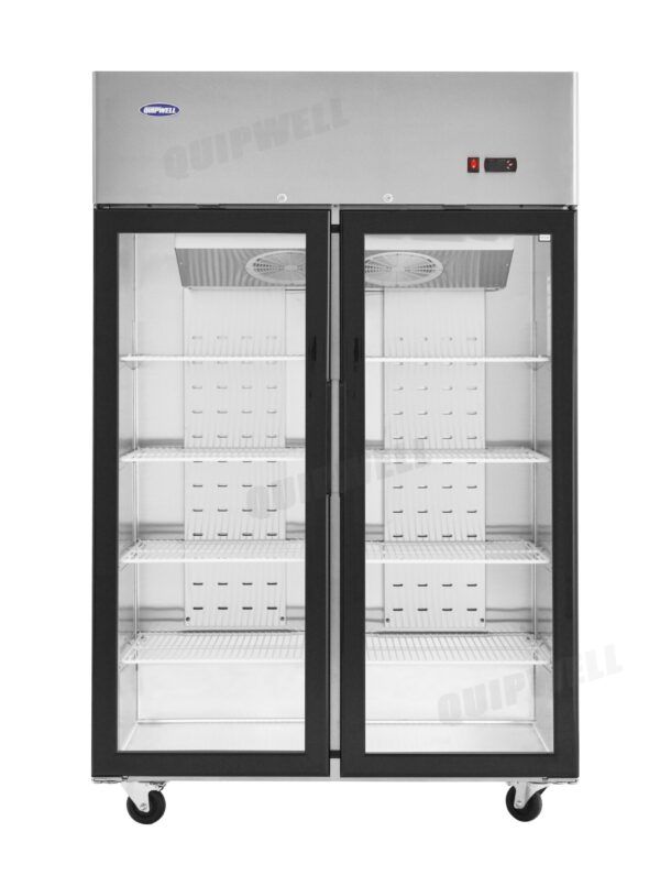 2-door commercial upright display freezer with triple-glazed glass doors and LED lighting