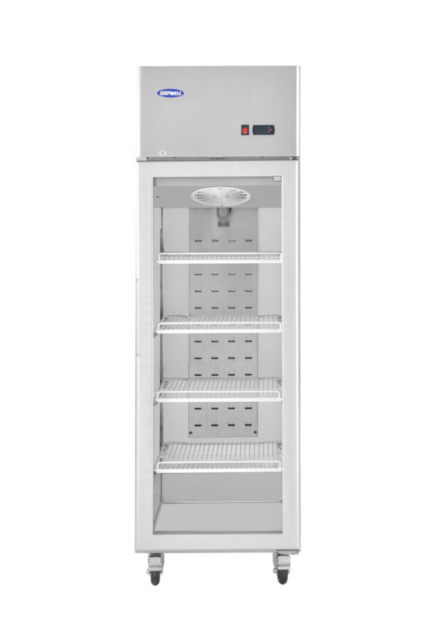 1-door commercial upright display freezer with triple-glazed glass doors and LED lighting