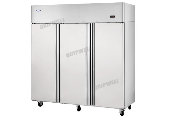 3-door commercial upright storage fridge with stainless steel doors and low running costs