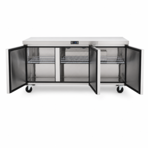 Powerful bench fridge with 540L capacity, integrated benchtop, fan-forced cooling and low energy usage showing open doors