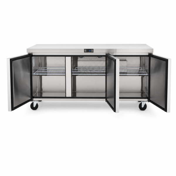 Powerful bench fridge with 540L capacity, integrated benchtop, fan-forced cooling and low energy usage showing open doors