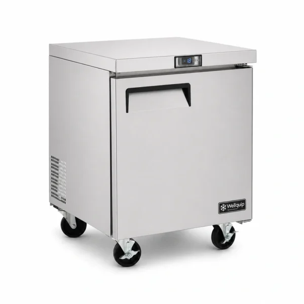 USC18_Front-left with doors closed 1 door commercial bench freezer with 180L capacity, integrated benchtop, fan-forced cooling and low energy usage