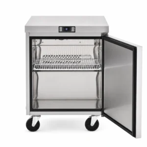 1 door commercial bench freezer with 180L capacity, integrated benchtop, fan-forced cooling and low energy usage, shown with door open