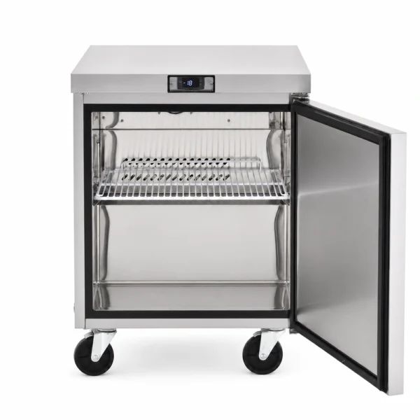 1 door commercial bench freezer with 180L capacity, integrated benchtop, fan-forced cooling and low energy usage, shown with door open