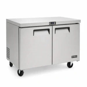 2 door commercial bench freezer with 340L capacity, integrated benchtop, fan-forced cooling and low energy usage