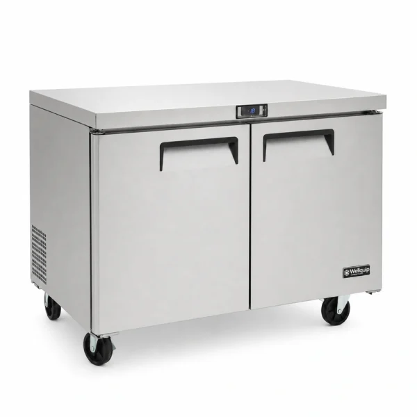 USC34_Front-left with doors closed 2 door commercial bench freezer with 340L capacity, integrated benchtop, fan-forced cooling and low energy usage