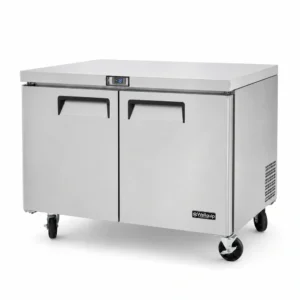 2 door commercial bench freezer with 340L capacity, integrated benchtop, fan-forced cooling and low energy usage