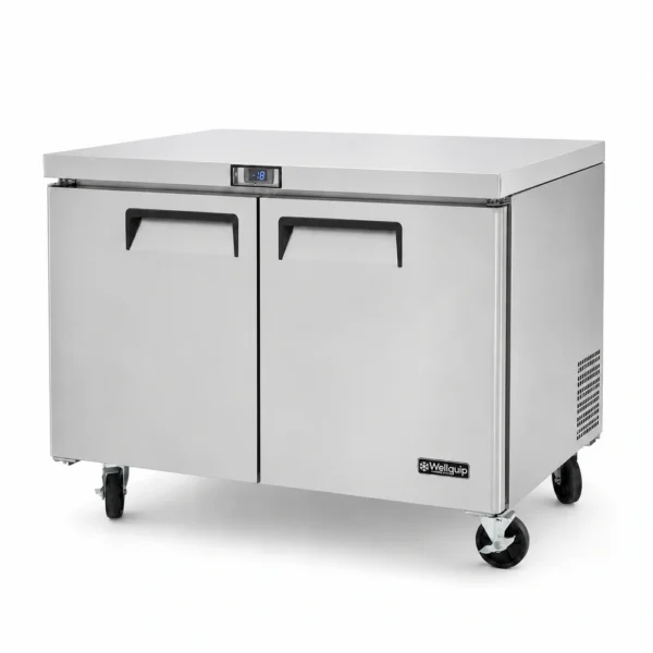 2 door commercial bench freezer with 340L capacity, integrated benchtop, fan-forced cooling and low energy usage