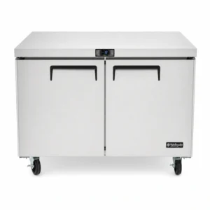 2 door commercial bench freezer with 340L capacity, integrated benchtop, fan-forced cooling and low energy usage