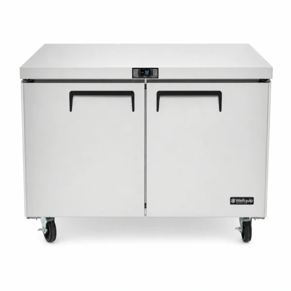 2 door commercial bench freezer with 340L capacity, integrated benchtop, fan-forced cooling and low energy usage