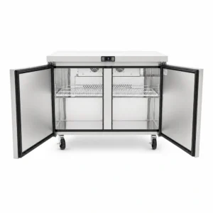 2 door commercial bench freezer with 340L capacity, integrated benchtop, fan-forced cooling and low energy usage, shown with doors open