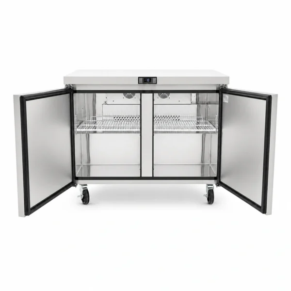 2 door commercial bench freezer with 340L capacity, integrated benchtop, fan-forced cooling and low energy usage, shown with doors open