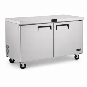 2 door commercial bench freezer with 510L capacity, integrated benchtop, fan-forced cooling and low energy usage