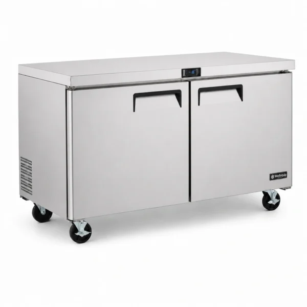 USC51_Front-left with doors closed 2 door commercial bench freezer with 510L capacity, integrated benchtop, fan-forced cooling and low energy usage