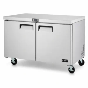 2 door commercial bench freezer with 510L capacity, integrated benchtop, fan-forced cooling and low energy usage