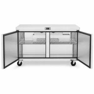 2 door commercial bench freezer with 510L capacity, integrated benchtop, fan-forced cooling and low energy usage, shown with doors open