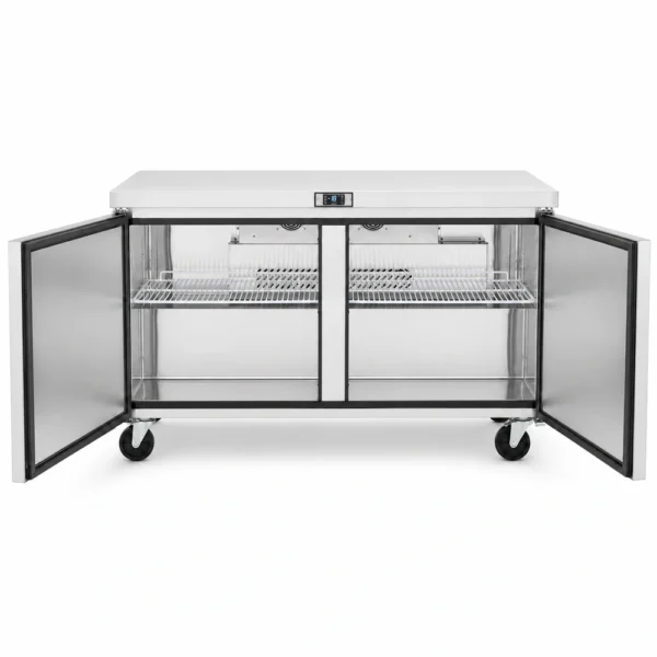 2 door commercial bench freezer with 510L capacity, integrated benchtop, fan-forced cooling and low energy usage, shown with doors open