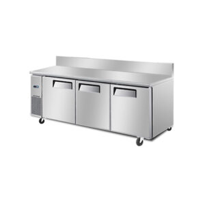 3-door commercial bench fridge with stainless steel doors, splashback and low running costs