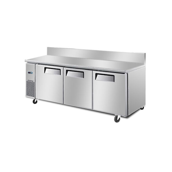 3-door commercial bench fridge with stainless steel doors, splashback and low running costs