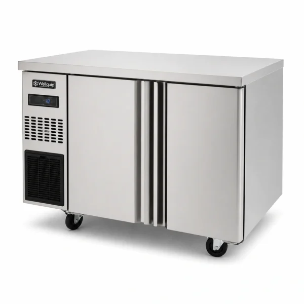 WC1278_Front-right with doors closed Commercial under bench freezer with stainless steel worktop