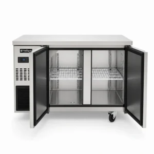 Under counter freezer with self-closing doors and auto defrost