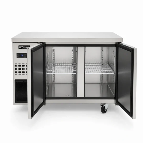 Under counter freezer with self-closing doors and auto defrost