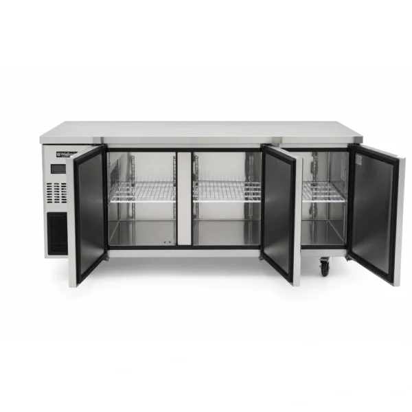 3 door solid stainless steel door under bench fridge with front ventilated fan forced cooling and auto defrost