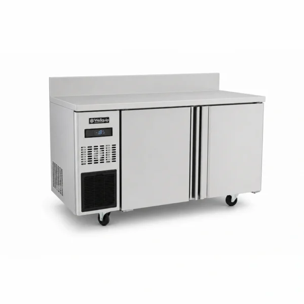 Stainless steel bench freezer with splashback for prep lines